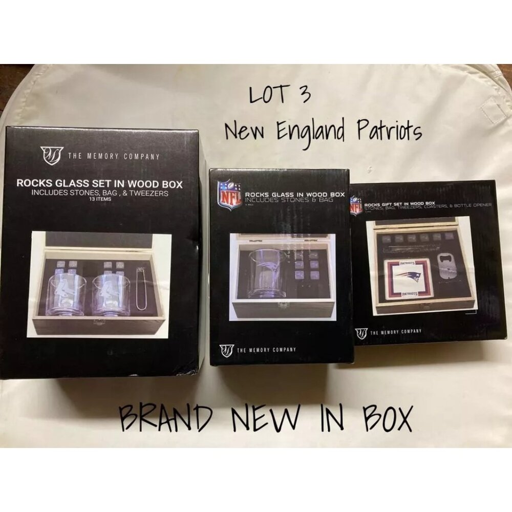 New England Patriots NFL Rocks Glass Set in Wood Box - 3 Piece Collection New
